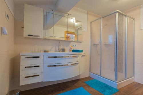 a bathroom with a shower and a sink at Apart Georg in Kleinboden