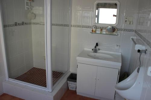 a white bathroom with a shower and a sink at Sit-en-Kyk in Hermanus