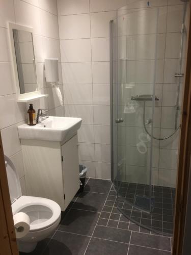 uma casa de banho com um chuveiro, um WC e um lavatório. em Vånga Hostel em Vånga