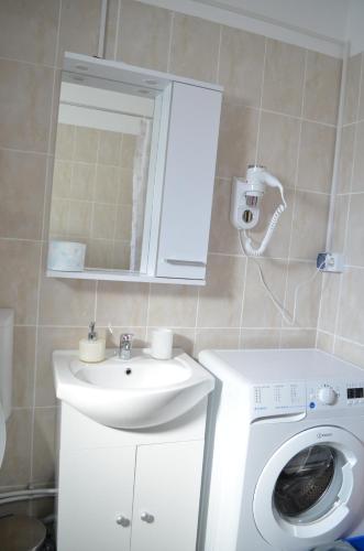 a bathroom with a sink and a washing machine at Alexys Residence 6 in Iaşi
