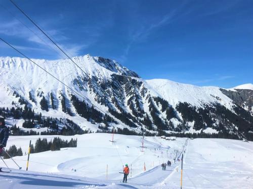 a group of people skiing down a snow covered mountain at Luna Elk Home in Lenk