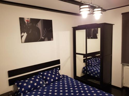 1 dormitorio con cama y espejo grande en Sweet Apartment, en Ramingstein