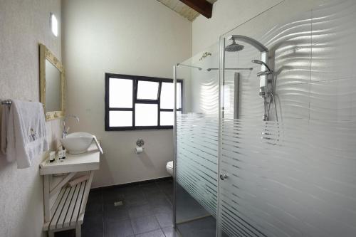 a bathroom with a glass shower and a sink at נפלאות הגולן in Had Nes