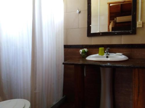 a bathroom with a sink and a mirror at La Araucana in Tacuarembó