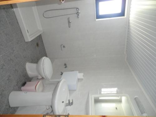 a white bathroom with a toilet and a sink at Flisvos Apartments in Frangokastello