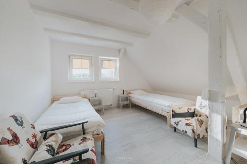 a white room with two beds and a couch at Leśniki in Babimost