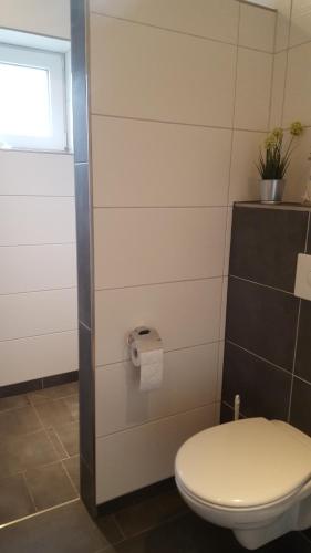 a bathroom with a white toilet and a window at Kleine Brise in Oberlangen