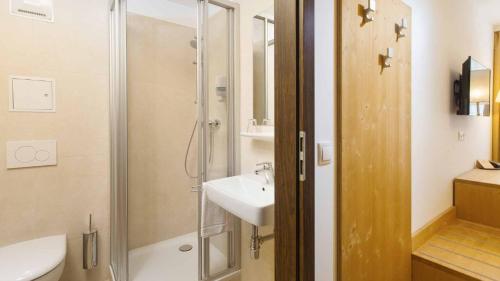 uma casa de banho com um chuveiro e um lavatório. em Hotel Kaiser Franz Josef em Rohr im Gebirge