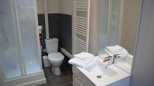 アジャクシオにあるAuberge du cheval blancのバスルーム(洗面台、トイレ、鏡付)