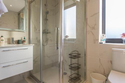 a shower with a glass door in a bathroom at Killester Self Catering Cottage in Dublin