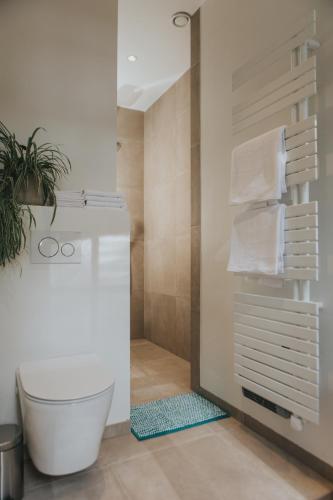 伊普爾的住宿－Découverte，带浴缸、卫生间和毛巾的浴室
