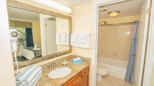 a bathroom with a sink and a toilet and a mirror at Blue Tree Resort at Lake Buena Vista in Orlando