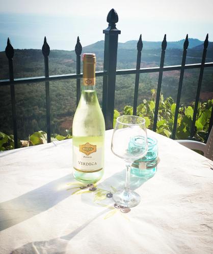 a bottle of wine sitting on a table with a glass at Villa Filip in Vuno