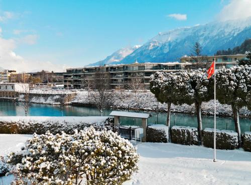 a snow covered city with a building and a flag at Chalet Maria Interlaken in Interlaken