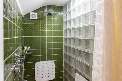 una ducha de azulejos verdes con ventanas con mampara de cristal en Neanderland-Apartment, en Wülfrath