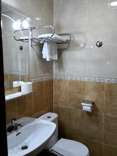 a bathroom with a white toilet and a sink at Hostal Madrid in Toledo