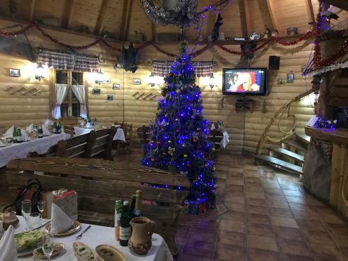 a christmas tree in the middle of a restaurant at Hotel Dykyi Med in Tatariv