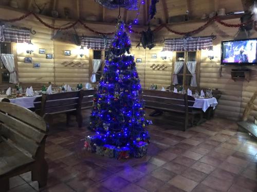 a christmas tree in the middle of a dining room at Hotel Dykyi Med in Tatariv