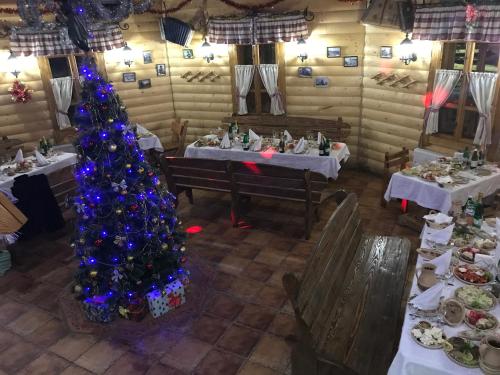 an overhead view of a christmas tree in a restaurant at Hotel Dykyi Med in Tatariv