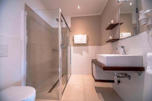 een badkamer met een wastafel en een douche bij Chalet Agave in Caldaro