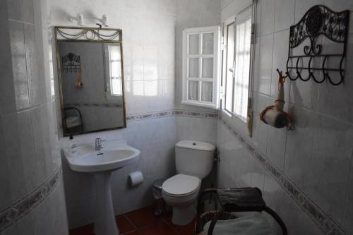 a bathroom with a sink and a toilet and a mirror at Casa Rural El Puente in Cuevas del Becerro