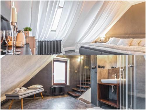 two pictures of a bedroom with a bed and a sink at Apartment Charlie in Prague