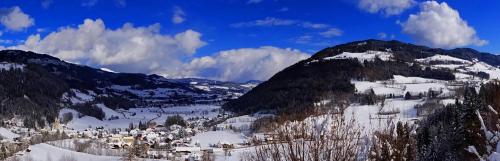 a snow covered mountain with a town in the distance at Ferienhaus-Römerthurm in Schöder