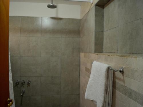 een badkamer met een douche en een witte handdoek bij Vía Lavalle Suites in San Luis