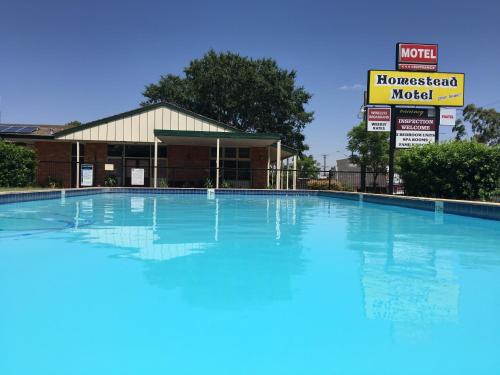 a large swimming pool in front of a hotel at Homestead Motel in Dubbo