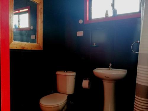 a bathroom with a toilet and a sink at Cabañas Paidahue Pichilemu in Pichilemu