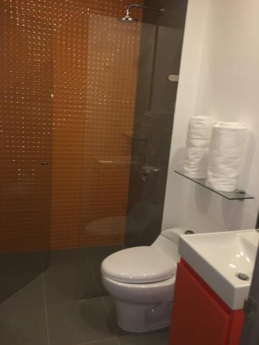 a bathroom with a toilet and a shower and a sink at Enjoy In Bogotá in Bogotá
