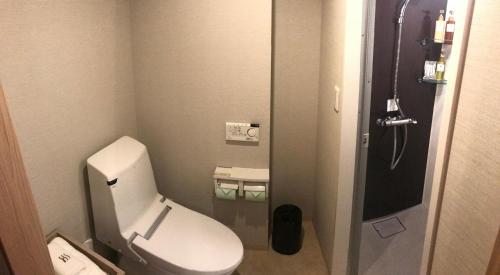 a small bathroom with a toilet and a shower at K's Street Hotel Miyazaki in Miyazaki