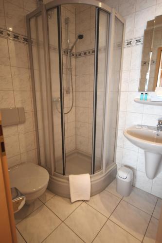 a bathroom with a shower and a toilet and a sink at Hotel Glockengasse in Cologne