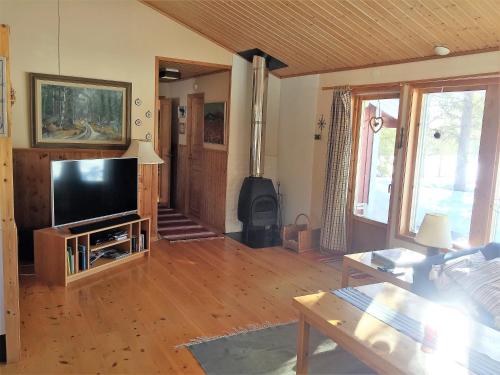 ein Wohnzimmer mit einem Flachbild-TV und einem Kamin in der Unterkunft Holiday Home Fjätervålen Fjätstigen in Fjätervålen