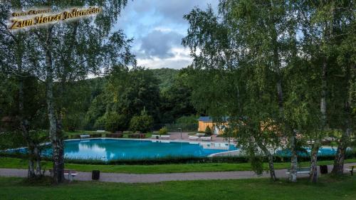 ein Schwimmbad inmitten eines Parks mit Bäumen in der Unterkunft Pension & Restaurant " Zum Harzer Jodlermeister" in Altenbrak