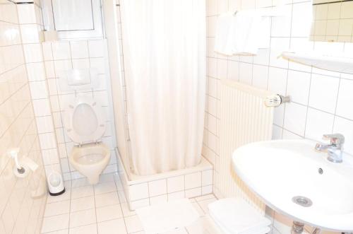 a white bathroom with a toilet and a sink at Hotel Stern in Stuttgart