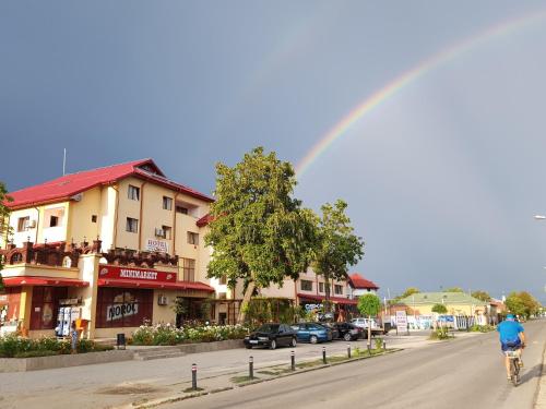 a man riding a bike down a street with a rainbow at Hotel Tata Si Fii in Bechet