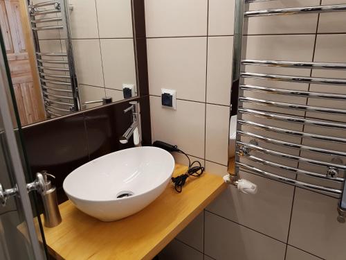 a bathroom with a white sink on a wooden counter at Antonówka in Trybsz