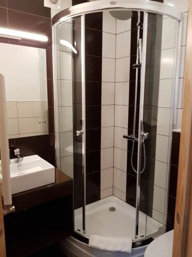 a bathroom with a shower and a sink at Antonówka in Trybsz