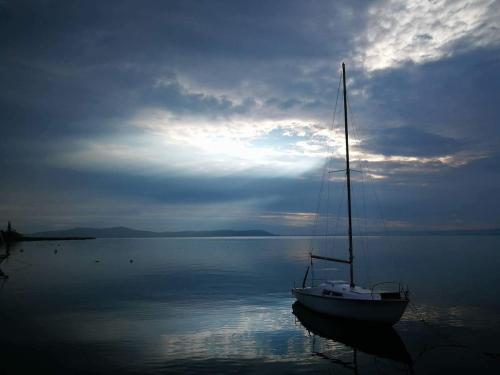 a sailboat sitting in the water on a lake at Fövenyes House in Balatonudvari