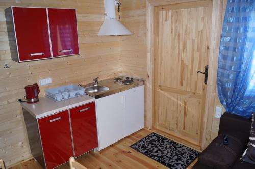 a small kitchen with a sink and a door at Onyx in Mielno