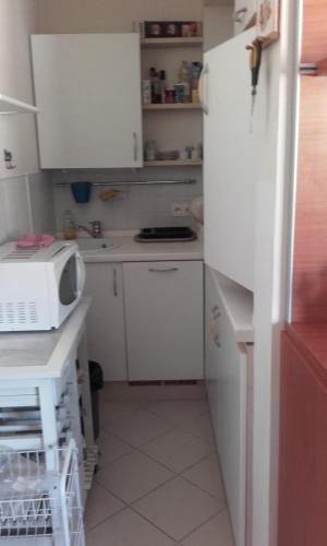 La cuisine est équipée d'un réfrigérateur blanc et d'un four micro-ondes. dans l'établissement 22 Place Saint-Roch, à Menton