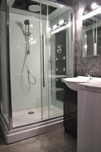 une salle de bain avec douche et lavabo dans l'établissement Studio classé de 39 m2 au pied des thermes, à Amélie-les-Bains-Palalda