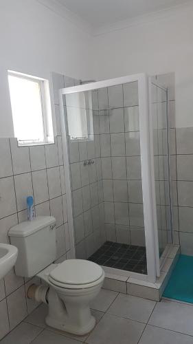 a bathroom with a shower with a toilet and a sink at Wayside Lodge in Waterval Boven