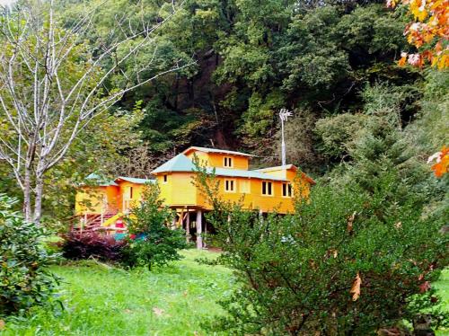 a yellow house in the middle of a forest at Cabañas aloños sociedad limitada in Aloños