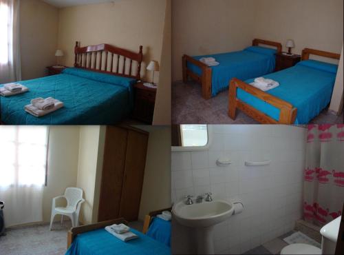 three pictures of a room with two beds and a sink at Cabañas El Refugio de Juan in Mina Clavero