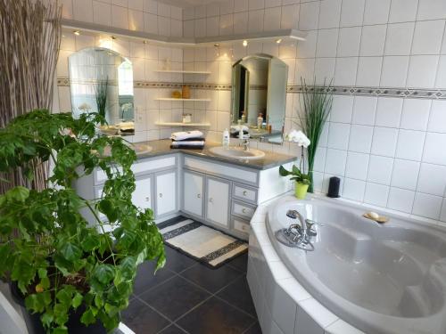 y baño con bañera, lavabo y espejo. en Chambres d'hôtes La ParentheZ' en Haguenau