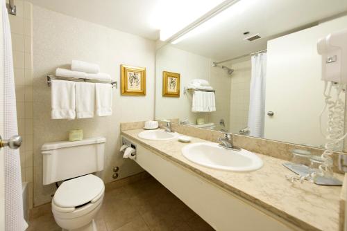 a bathroom with a toilet and a sink and a mirror at Toronto Don Valley Hotel and Suites in Toronto