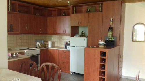 een keuken met houten kasten en een witte koelkast bij Tzoumerka in Ktistádes