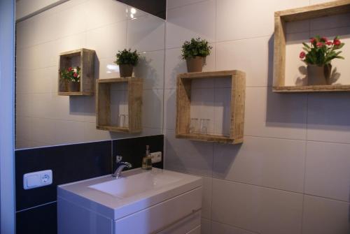 uma casa de banho com lavatório e algumas plantas na parede em Bed and Breakfast Gasteren em Gasteren